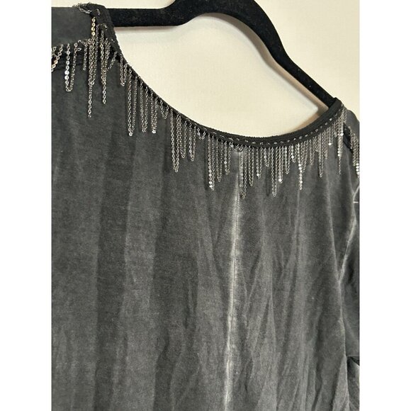 PAIGE Black Gunmetal Tshirt Short Sleeve Top With Metal Fringe V Neck Size Large - Picture 7 of 11